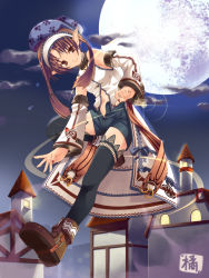 Rule 34 | 1girl, boots, brown eyes, brown hair, elf, fantasy, full moon, hairband, hat, lace, moon, navel, pointy ears, shorts, signature, skyline, smile, solo, tachibana yuu, thighhighs, unzipped