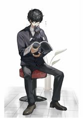 Rule 34 | 1boy, amamiya ren, animal, black-framed eyewear, black cardigan, black cat, black eyes, black hair, black pants, book, btmr game, cardigan, cat, full body, highres, holding, holding book, long sleeves, male focus, morgana (persona 5), open mouth, pants, persona, persona 5, plant, potted plant, shoes, signature, simple background, sitting, solo, sparkle, stool