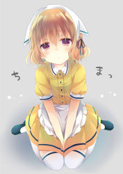 Rule 34 | 1girl, apron, between legs, black footwear, black ribbon, blend s, brown eyes, brown hair, closed mouth, collared shirt, commentary request, frilled apron, frills, full body, grey background, hair between eyes, hair ribbon, hand between legs, head scarf, head tilt, hoshikawa mafuyu, looking at viewer, pleated skirt, puffy short sleeves, puffy sleeves, ribbon, shiiba nae, shirt, shoes, short hair, short sleeves, simple background, sitting, skirt, solo, stile uniform, thighhighs, translation request, uniform, v arms, waist apron, waitress, wariza, white apron, white thighhighs, yellow shirt, yellow skirt