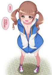 Rule 34 | 1girl, blue jacket, blush, brown eyes, brown hair, covering privates, exhibitionism, healin&#039; good precure, hiramitsu hinata, jacket, kohsaka jun, looking at viewer, navel, precure, public indecency, pussy juice, shoes, solo, stone floor, translation request, white background