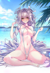 Rule 34 | 1girl, beach, breasts, duel monster, green eyes, highres, large breasts, long hair, looking at viewer, low twintails, mosui (kori can), navel, slingshot swimsuit, solo, swimsuit, traptrix genlisea, twintails, very long hair, white hair, yu-gi-oh!