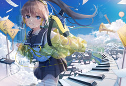 Rule 34 | 1girl, absurdres, backpack, bag, bass clef, bassoon, black skirt, blue eyes, blue sky, brown hair, day, digital media player, eighth note, half note, high ponytail, highres, huge filesize, instrument, jacket, looking at viewer, musical note, natural sign, original, outdoors, oyuyu, paper, piano keys, ponytail, quarter note, rainbow, road sign, school uniform, serafuku, sheet music, sign, skirt, sky, smile, standing, tower, treble clef, trumpet