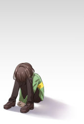 Rule 34 | 1other, bob cut, brown footwear, brown hair, brown pants, chara (undertale), curled up, gradient background, green shirt, head between knees, head down, highres, loafers, long sleeves, multicolored shirt, on floor, own hands together, pants, porygonleft, shirt, shoes, short hair, simple background, sitting, solo, undertale, yellow shirt