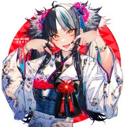 Rule 34 | 1girl, 2021, :d, black hair, black nails, blunt bangs, border, bracelet, hair ornament, happy new year, highres, japanese clothes, jewelry, kayahara, kimono, long hair, long sleeves, looking at viewer, multicolored hair, multiple rings, nail polish, new year, obi, open mouth, original, ring, round border, sash, sharp teeth, simple background, smile, solo, teeth, two-tone hair, upper body, white hair, white kimono, yellow eyes
