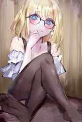 Rule 34 | 1girl, :q, absurdres, bare shoulders, black pantyhose, blue eyes, blush, brown pantyhose, crossed legs, earrings, feet, glasses, heart, heart earrings, highres, hololive, hololive english, jewelry, looking at viewer, medium hair, mile (off8mile), off-shoulder shirt, off shoulder, pantyhose, round eyewear, shirt, sitting, smile, soles, solo, toes, tongue, tongue out, virtual youtuber, watson amelia, watson amelia (street casual), white shirt