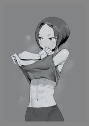 Rule 34 | 1girl, abs, bob cut, character request, clothes lift, copyright request, female focus, greyscale, hairband, highres, kawasaki tadataka, lifted by self, monochrome, navel, pants, shirt lift, sleeveless, solo, steaming body, sweat, toned, toned female, yoga pants