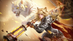 Rule 34 | 1girl, animal ears, armor, blonde hair, cat ears, character request, copyright request, electricity, hammer, holding, holding hammer, holding weapon, long hair, pink eyes, promotional art, tiger, weapon, white tiger, yellow eyes