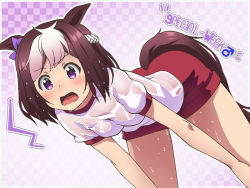 Rule 34 | 1girl, ^^^, animal ears, awa, blush, bow, brown hair, character name, checkered background, dress, dutch angle, ear ribbon, frown, gym shirt, gym shorts, gym uniform, hachimaki, hands on own knees, headband, horse ears, horse girl, horse tail, leaning forward, looking at viewer, multicolored hair, open mouth, outline, purple background, purple bow, purple eyes, red shorts, see-through, shirt, short dress, short hair, short shorts, shorts, solo, special week (umamusume), standing, t-shirt, tail, two-tone hair, umamusume, wet, wet clothes, wet hair, wet shirt, white hair, white headband, white outline, white shirt