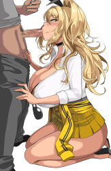 Rule 34 | 1girl, :&gt;=, amesuku gyaru, animal print, ass, bare legs, black choker, blonde hair, blush, breasts, cellphone, censored, choker, cleavage, clothes around waist, clothes pull, collared shirt, erection, fellatio, from side, goddess of victory: nikke, green eyes, gyaru, hair intakes, hair ornament, hairclip, hand on another&#039;s thigh, hella p, highres, holding, holding phone, jacket, jacket around waist, kneeling, kogal, korean commentary, large breasts, leopard print, long hair, long sleeves, looking at another, looking up, male pubic hair, microskirt, mosaic censoring, oral, pants, pants pull, penis, phone, pleated skirt, pubic hair, rupee (nikke), seiza, shirt, shirt tucked in, simple background, sitting, skirt, sleeves past elbows, smartphone, solo focus, standing, sunglasses, testicles, thighs, white background, white shirt, yellow jacket, yellow skirt