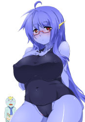 Rule 34 | 1boy, 1girl, ahoge, arm behind back, birthday, birthday cake, blue hair, blue skin, blush, blush stickers, borrowed character, breast suppress, breasts, cake, colored skin, covered erect nipples, food, glasses, gnsyn (vcxc), heart, heart-shaped pupils, highres, idzm (vcxc), large breasts, long hair, minakami (flyingman555), one-piece swimsuit, original, partially visible vulva, red-framed eyewear, red eyes, school swimsuit, semi-rimless eyewear, solo focus, swimsuit, symbol-shaped pupils, under-rim eyewear