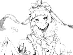 Rule 34 | 1girl, blunt bangs, bow, closed mouth, dress, frilled ribbon, frilled sleeves, frills, front ponytail, greyscale, hair bow, hair ribbon, happy, highres, kagiyama hina, looking at viewer, medium hair, monochrome, puffy short sleeves, puffy sleeves, red ribbon, ribbon, short sleeves, simple background, skirt hold, smile, touhou, traditional media, upper body, wadante, white background