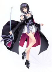 Rule 34 | 1girl, absurdres, ankle boots, black hair, bob cut, boots, bow, breasts, cleavage, detached collar, detached sleeves, dress, frilled sleeves, frills, full body, hair bow, hairband, high heels, highres, holding, japanese clothes, katana, long sleeves, looking away, medium breasts, purple eyes, sash, scan, shining (series), shining blade, short hair, simple background, skirt, solo, sword, tony taka, weapon, white background, white skirt, wide sleeves, yukihime
