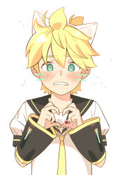Rule 34 | 1boy, @ @, ahoge, animal ear fluff, animal ear hairband, animal ears, black sailor collar, blonde hair, blush, bon bon eee, cat ear hairband, cat ears, commentary request, detached sleeves, drawn whiskers, fake animal ears, green eyes, hair between eyes, hair ornament, hairband, hands up, heart, heart hair ornament, heart hands, highres, kagamine len, looking at viewer, male focus, necktie, open mouth, sailor collar, shirt, short hair, short sleeves, simple background, solo, sparkle, upper body, vocaloid, white background, white shirt, yellow necktie