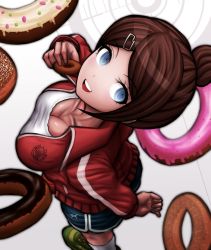 Rule 34 | 10s, 1girl, arm behind back, artist request, asahina aoi, blouse, blue eyes, breasts, brown hair, cleavage, danganronpa (series), dark-skinned female, dark skin, doughnut, downblouse, food, from above, hair ornament, kneehighs, large breasts, looking at viewer, looking up, official style, shirt, short shorts, shorts, socks, solo, sportswear, tagme, white shirt, white socks