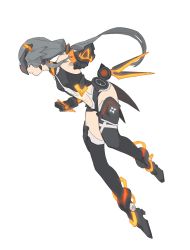 Rule 34 | 1girl, black gloves, black thighhighs, boots, breasts, clothing cutout, elbow gloves, fu hua, fu hua (shadow knight), full body, gloves, grey hair, high heel boots, high heels, highres, honkai (series), honkai impact 3rd, leotard, long hair, low ponytail, mogomaco, navel, navel cutout, parted lips, profile, single sidelock, small breasts, solo, thigh boots, thighhighs, visor