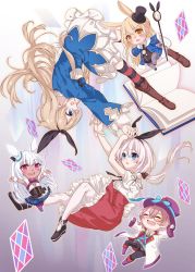 Rule 34 | 1boy, 4girls, absurdres, alice (alice in wonderland), alice (grimms notes), alice in wonderland, animal ears, bad id, bad pixiv id, belt, black legwear, black leotard, blonde hair, blue coat, blue eyes, blue skirt, boots, braid, brown eyes, card, character request, chibi, closed eyes, coat, dark skin, grimms notes, hat, highres, holding hands, knee boots, leotard, long hair, monocle, multiple girls, open mouth, outstretched arms, pantyhose, playing card, pocket watch, ponytail, purple eyes, rabbit ears, rabbit tail, red skirt, renkon (re n k n), ribbon, shirt, shoes, silver hair, skirt, smile, staff, striped clothes, striped legwear, striped thighhighs, tail, tears, thighhighs, top hat, upside-down, watch, white coat, white legwear, white shirt, white skirt, wrist cuffs