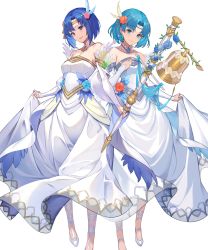 Rule 34 | 2girls, bare shoulders, bell, blue eyes, blue hair, breasts, catria (fire emblem), closed mouth, detached collar, dress, feather trim, female focus, fire emblem, fire emblem: mystery of the emblem, fire emblem: the binding blade, fire emblem echoes: shadows of valentia, fire emblem heroes, flower, full body, hair ornament, highres, kakage, matching hair/eyes, medium breasts, multiple girls, nintendo, official art, short hair, strapless, strapless dress, thea (fire emblem), trait connection, transparent background, wedding dress, white dress, white footwear