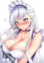 Rule 34 | 1boy, 1girl, 3104 (3104milkshake), apron, arm guards, azur lane, belfast (azur lane), blue eyes, blush, braid, breasts, chain, cleavage, collar, collarbone, dress, french braid, frilled gloves, frills, gloves, gradient background, highres, holding another&#039;s arm, jacket, large breasts, long hair, maid, maid headdress, shiny skin, silver hair, simple background, skindentation, smile, solo focus, white gloves, white jacket