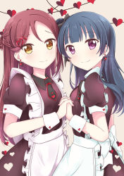 Rule 34 | 2girls, apron, back bow, black collar, black dress, black necktie, blue hair, blunt bangs, blush, bow, brown background, closed mouth, collar, commentary, dark blue hair, dress, earrings, half updo, heart, highres, holding hands, interlocked fingers, jewelry, long hair, looking at viewer, love live!, love live! sunshine!!, mixed-language commentary, multiple girls, necktie, pink eyes, puffy short sleeves, puffy sleeves, red hair, sakura4620, sakurauchi riko, short sleeves, simple background, single bang, smile, split mouth, tsushima yoshiko, valentine, waist apron, white bow, wing collar, wrist cuffs, yellow eyes