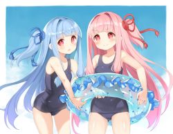 Rule 34 | 2girls, blue hair, blue one-piece swimsuit, breasts, cloud, gluteal fold, innertube, kotonoha akane, kotonoha aoi, long hair, m-eine, multiple girls, one-piece swimsuit, open mouth, outdoors, pink eyes, pink hair, school swimsuit, siblings, side ponytail, sisters, sky, small breasts, smile, swim ring, swimsuit, twins, voiceroid
