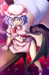 Rule 34 | 1girl, ascot, ass, bat wings, blue hair, bow, cameltoe, carpet, chima q, clothes lift, commentary request, crotch rub, eyes visible through hair, fangs, female ejaculation through clothes, female masturbation, footwear bow, hair between eyes, hat, heavy breathing, highres, indoors, legs apart, lifted by self, masturbation, mob cap, multiple views, open mouth, panties, pink headwear, puffy short sleeves, puffy sleeves, pussy juice, pussy juice stain, red ascot, red bow, red eyes, remilia scarlet, saliva, shoes, short hair, short sleeves, skirt, skirt lift, slit pupils, sweat, table, table humping, tearing up, touhou, underwear, white panties, wings, wrist cuffs