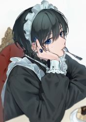 Rule 34 | 1boy, absurdres, apron, arm up, bishounen, black hair, blue eyes, blue nails, blunt bangs, blurry, buttons, chair, child, crossdressing, depth of field, dress, ear piercing, frilled sleeves, frills, gem, girly boy, hand on own face, highres, jewelry, long sleeves, looking at viewer, maid, maid apron, maid headdress, male focus, mole, mouth hold, nail polish, original, piercing, puffy sleeves, ring, short hair, sitting, sleeve cuffs, solo, utensil in mouth, white xxxx