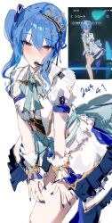 Rule 34 | 1girl, absurdres, back bow, blue bow, blue eyes, blue hair, blue nails, blush, bow, collared dress, costume request, dress, frilled cuffs, hair between eyes, headset, highres, hololive, hololive idol uniform (bright), hoshimachi suisei, large bow, long hair, looking at viewer, nail polish, official alternate costume, puffy short sleeves, puffy sleeves, short sleeves, side ponytail, sidelocks, smile, solo, virgo76612871, virtual youtuber, wavy hair, white dress, wrist cuffs
