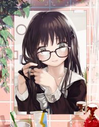Rule 34 | 1girl, black-framed eyewear, black hair, black shirt, blouse, bow, bowtie, clock, collared shirt, glasses, hand in own hair, highres, holding, holding own hair, indoors, mirror, nadashima gy, original, plant, reflection, school uniform, serafuku, shirt, soap, solo, toothbrush, toothpaste, upper body, vines, white bow, white bowtie