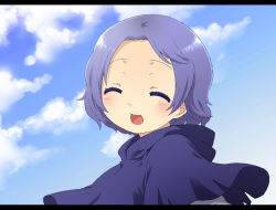 1girl ^_^ bad_id bad_pixiv_id blue_sky close-up closed_eyes cloud day female_focus hood hood_down kumoi_ichirin letterboxed mogiki_hayami open_mouth outdoors purple_hair short_hair sky smile solo touhou upper_body