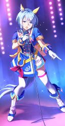 Rule 34 | 1girl, absurdres, animal ears, bad id, bad pixiv id, blue eyes, blue hair, blue jacket, boots, cropped jacket, ear covers, from above, full body, glorious azure costume (umamusume), gloves, hair between eyes, highres, holding, holding microphone, horse ears, horse girl, horse tail, jacket, k.s.miracle (umamusume), microphone, microphone stand, mismatched ear covers, nayuta ggg, open mouth, pointing, short hair, short sleeves, solo, swept bangs, tail, thighhighs, umamusume, white footwear, white gloves, white thighhighs