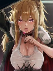 Rule 34 | 1girl, animal ears, arknights, black jacket, blonde hair, blush, breasts, brown collar, candy, cleavage, collar, commentary request, covered erect nipples, food, fur-trimmed jacket, fur trim, heart, heart-shaped pupils, hiruno, jacket, large breasts, lion ears, lollipop, long hair, long sleeves, looking at viewer, open mouth, red eyes, siege (arknights), solo, symbol-shaped pupils, tongue, tongue out, upper body