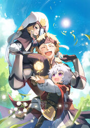 Rule 34 | 1girl, 2boys, absurdres, armor, brown hair, carrying, carrying person, closed mouth, fkiwer, highres, hood, multiple boys, nakabayashi zun, open mouth, original, piggyback, short hair, smile, sun, upper body, white hair