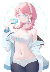 Rule 34 | 1girl, absurdres, arknights, bare shoulders, black pants, blue eyes, blue poison (arknights), blue poison (shoal beat) (arknights), braid, breasts, choker, cleavage, commentary, cowboy shot, cropped legs, doughnut, earrings, food, hairband, hand up, highres, holding, holding food, jacket, jewelry, leggings, leggings under shorts, long hair, long sleeves, looking at viewer, medium breasts, micro shorts, midriff, navel, off shoulder, pants, pantyhose, pink choker, pink hair, revision, senya8833, senya8833, shorts, simple background, solo, spaghetti strap, sports bra, standing, stomach, twin braids, white background, white jacket, white shorts