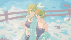 Rule 34 | 2girls, ahoge, aqua jacket, belt, black shirt, blonde hair, blue eyes, bow, breasts, collarbone, commentary, crop top, expressionless, flat chest, green eyes, green hair, gumi, hair bow, highres, jacket, kagamine rin, looking at viewer, medium breasts, midriff, multiple girls, navel, open clothes, open jacket, outdoors, pastel colors, shirt, sidelighting, sidelocks, spaghetti strap, standing, upper body, vocaloid, walking, white bow, wounds404