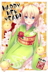 Rule 34 | 1girl, 2017, bird, blonde hair, blue eyes, blush, bow, camellia, checkered background, chick, chinese zodiac, double bun, double v, floral background, floral print, flower, furisode, green kimono, hair between eyes, hair bow, hair bun, hands up, happy new year, highres, hio (hiohio0306), japanese clothes, japanese flag, kimono, looking at viewer, nengajou, new year, obi, open mouth, original, red bow, red flower, sash, short hair, sitting, smile, solo, v, year of the rooster