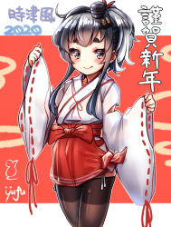 Rule 34 | 1girl, 2020, absurdres, alternate costume, anchor symbol, black hair, brown eyes, brown pantyhose, character name, commentary request, cowboy shot, gradient hair, hakama, hakama short skirt, hakama skirt, happy new year, hat, highres, japanese clothes, kanji, kantai collection, kimono, lowleg, lowleg pantyhose, miko, mini hat, multicolored hair, new year, pantyhose, red hakama, seamed legwear, short hair, short hair with long locks, side-seamed legwear, sidelocks, skirt, solo, standing, thick eyebrows, thighband pantyhose, tokitsukaze (kancolle), two-tone background, white kimono, yufuissei0702