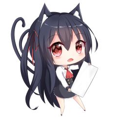Rule 34 | 1girl, animal ear fluff, animal ears, ass, black footwear, black hair, black skirt, blush, cat ears, cat girl, cat tail, chibi, chisuzu mei, collared shirt, fangs, full body, hair between eyes, hair ribbon, highres, holding, long hair, long sleeves, nagato-chan, one side up, open mouth, paryi project, red eyes, red neckwear, red ribbon, ribbon, shirt, shoes, simple background, skirt, solo, tail, tail raised, transparent background, very long hair, virtual youtuber, white background, white shirt