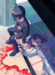 Rule 34 | 2boys, ahoge, black footwear, black hair, blood, blood on face, blood splatter, checkered clothes, checkered scarf, closed eyes, danganronpa (series), danganronpa v3: killing harmony, evercelle, formal, hair between eyes, highres, holding, holding knife, knife, looking at another, lying, male focus, multiple boys, oma kokichi, on back, open mouth, pinstripe pattern, pinstripe suit, purple hair, sad, saihara shuichi, scarf, short hair, sitting, spoilers, straitjacket, string, string of fate, striped, suit, teeth, thigh strap, upper teeth only, wavy hair, yellow eyes