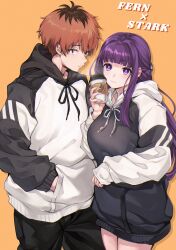 Rule 34 | 1boy, 1girl, absurdres, alternate costume, black hoodie, character name, commentary request, contemporary, cowboy shot, cup, disposable cup, fern (sousou no frieren), hand in pocket, highres, holding, holding cup, hood, hood down, hoodie, looking at viewer, orange background, purple eyes, purple hair, red eyes, red hair, shashaki, sousou no frieren, stark (sousou no frieren), thighs, white hoodie