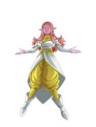 Rule 34 | 1girl, bare shoulders, boots, breasts, chronoa, colored skin, dragon ball, dragon ball heroes, dragon ball xenoverse, earrings, full body, highres, jewelry, large breasts, long hair, official art, pants, pink hair, pink skin, pointy ears, potara earrings, shirt, solo, sparkle, white footwear, white shirt, yellow eyes, yellow pants