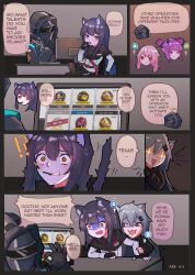 Rule 34 | absurdres, animal ears, ansel (arknights), arknights, artist request, black hair, comic, commission, computer, demon horns, doctor (arknights), drooling, english text, food, food in mouth, highres, horns, lappland (arknights), lava (arknights), left-to-right manga, pink hair, pocky, purple hair, speech bubble, tail, texas (arknights), white hair, wolf ears, wolf tail, yandere