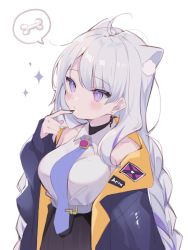 Rule 34 | 1girl, ahoge, animal ears, belt, belt buckle, black nails, blue jacket, blush, braid, breasts, brown skirt, buckle, cartoon bone, closed mouth, commentary request, dog ears, drooling, finger to mouth, fingernails, grey belt, hand up, jacket, kurokuma (kuro kumagaya), long hair, long sleeves, looking at viewer, low twintails, medium breasts, nail polish, necktie, off shoulder, open clothes, open jacket, original, pleated skirt, puffy long sleeves, puffy sleeves, purple eyes, purple necktie, saliva, shirt, silver hair, simple background, skirt, sleeves past wrists, solo, sparkle, speech bubble, twin braids, twintails, upper body, very long hair, white background, white shirt