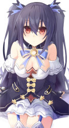 bare_shoulders bimmy black_hair breasts cleavage collar dress hair_between_eyes highres jacket long_hair medium_breasts neptune_(series) noire_(neptunia) red_eyes ribbon skirt solo thighs tsundere twintails