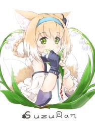 Rule 34 | 1girl, animal ear fluff, animal ears, arknights, baigao, bare shoulders, black gloves, blonde hair, blue hairband, braid, braided hair rings, character name, chinese commentary, commentary request, cropped torso, detached sleeves, earpiece, flower, fox ears, fox girl, fox tail, gloves, green eyes, hair rings, hairband, infection monitor (arknights), kitsune, lily of the valley, looking at viewer, multiple tails, name connection, object namesake, simple background, single glove, smile, solo, suzuran (arknights), tail, upper body, white background