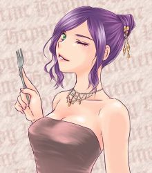 Rule 34 | 1990s (style), 1girl, bare shoulders, barefoot, breasts, cleavage, dress, faris scherwiz, final fantasy, final fantasy v, fork, green eyes, hair up, jewelry, lipstick, makeup, necklace, one eye closed, purple hair, sarisa highwind tycoon, solo, strapless, strapless dress, you-stg