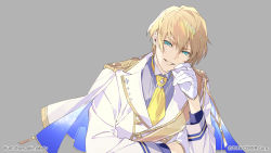 Rule 34 | 1boy, arm rest, blonde hair, blue eyes, buttons, capelet, collared shirt, copyright notice, double-breasted, epaulettes, gloves, gold trim, grey background, grey shirt, hand on own face, head tilt, highres, holostars, jacket, kishido temma, lapel pin, looking at viewer, male focus, necktie, official art, sash, senzaki makoto, shirt, shoulder sash, simple background, smile, solo, twitter username, two-sided fabric, upper body, virtual youtuber, white gloves, white jacket, yellow necktie
