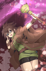 Rule 34 | 1girl, adjusting eyewear, aussa (yu-gi-oh!), aussa the earth charmer, belt, breasts, brown eyes, brown hair, duel monster, glasses, highres, holding, holding staff, mochi curry, open mouth, ribbed sweater, short hair, short shorts, shorts, solo, staff, sweater, turtleneck, yu-gi-oh!
