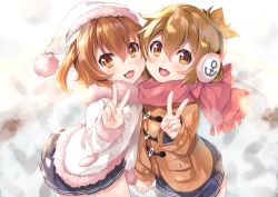 Rule 34 | 2girls, arm up, blue skirt, brown coat, brown eyes, brown hair, cheek-to-cheek, coat, earmuffs, folded ponytail, holding hands, hat, heads together, highres, ikazuchi (kancolle), inazuma (kancolle), kantai collection, leaning forward, long hair, looking at viewer, mayusaki yuu, multiple girls, open mouth, red scarf, scarf, short hair, skirt, smile, v, white coat