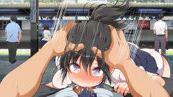 Rule 34 | 1girl, :&gt;=, aomizuan, ass, black hair, blush, breasts, censored, deepthroat, embarrassed, exhibitionism, eyebrows, fellatio, full-face blush, hand on head, highres, large breasts, long hair, looking at viewer, lucky dosukebe! zenpen, marron marron, mosaic censoring, motion lines, oral, outdoors, panties, penis, ponytail, pov, public indecency, red eyes, school uniform, sitting, skirt, solo focus, standing, sweat, tears, underwear, unzipped