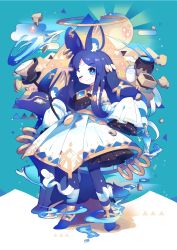 Rule 34 | 1girl, animal ears, anubis (mythology), bandaged leg, bandages, bare shoulders, blue background, blue eyes, blue footwear, blue hair, blue legwear, blue theme, bow, candle, closed mouth, detached sleeves, dress, earrings, egasumi, egyptian, full body, full moon, highres, jackal, jackal ears, jewelry, long hair, long sleeves, looking at viewer, moon, one eye closed, original, pyramid (structure), saijo1201, signature, sleeves past fingers, sleeves past wrists, smile, standing, urn, vial, water, white bow, white dress